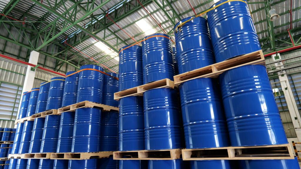stacks of blue stainless steel drums